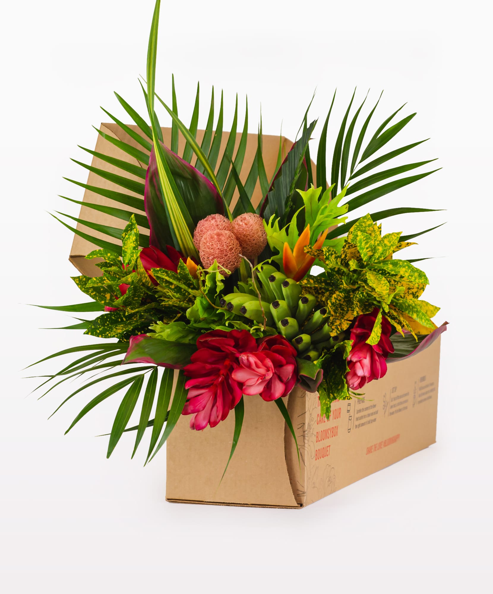 Vibrant tropical flower arrangement with lush greenery in a stylish box, perfect for any occasion.
